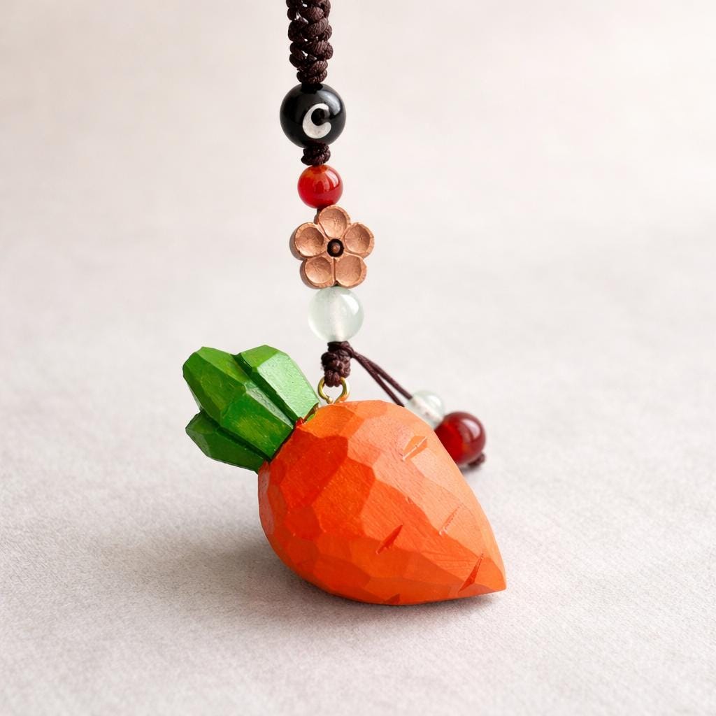 Hand Carved Wooden Carrot Keychain, Cute Vegetable Bag Charm, Handmade Wood Keyring, Backpack Charm, Small Gift for Her, Car Mirror Hanging