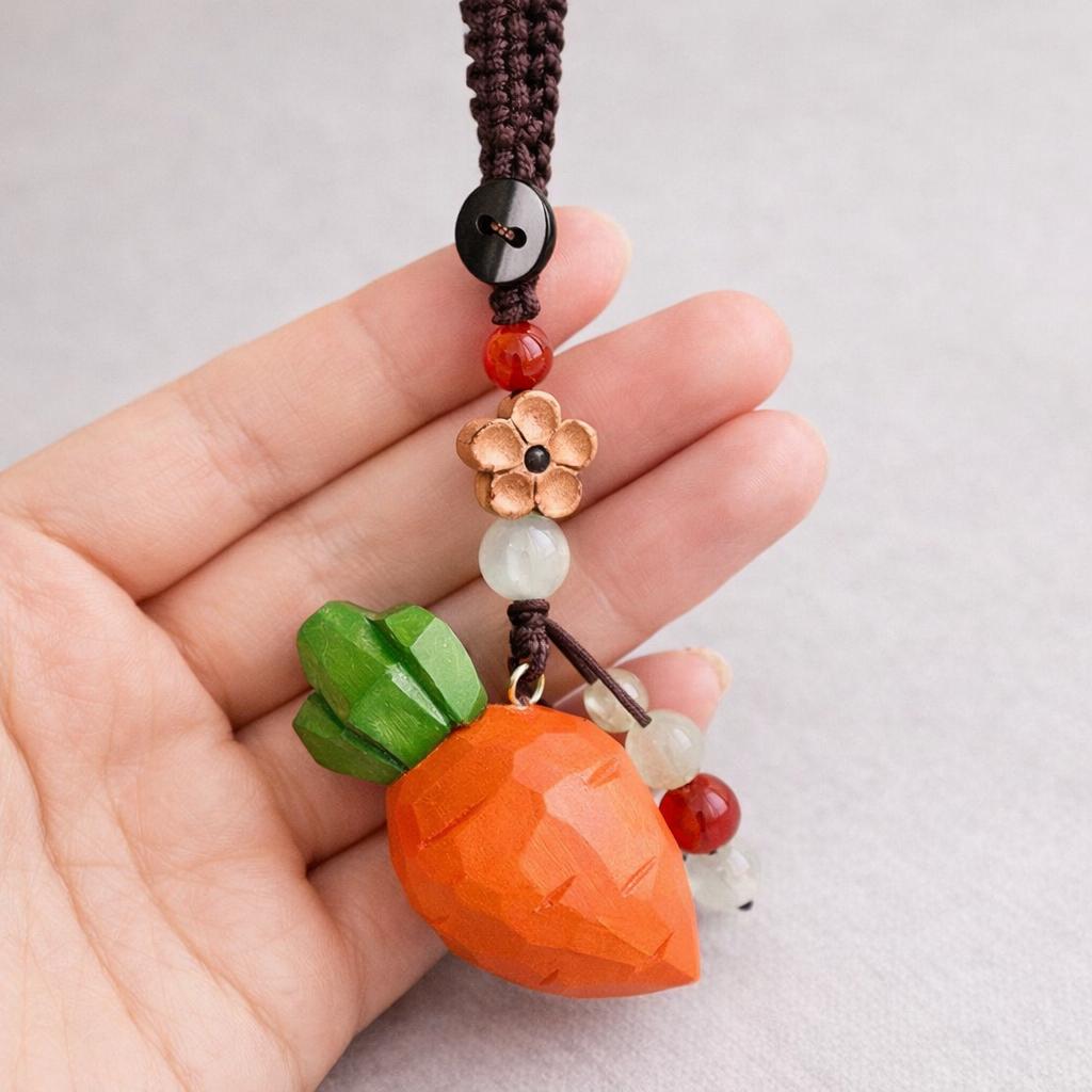 Hand Carved Wooden Carrot Keychain, Cute Vegetable Bag Charm, Handmade Wood Keyring, Backpack Charm, Small Gift for Her, Car Mirror Hanging
