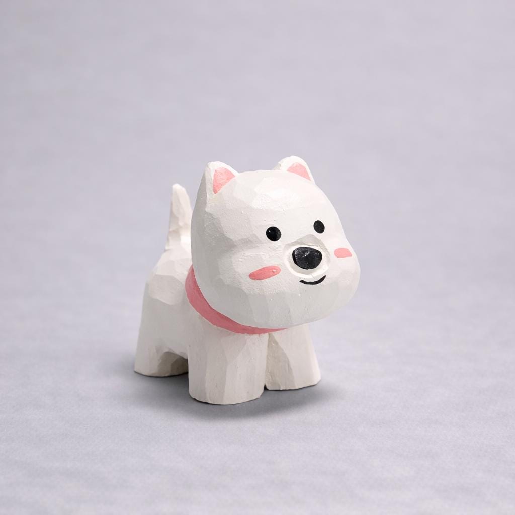 Hand Carved West Highland Terrier Wooden Figurine, Mini Westie Dog Desk Decor, Solid Wood Puppy Ornament, Dog Lover Gift, Office Shelf Decor