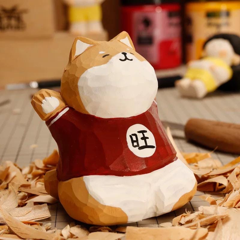 Hand Carved Shiba Inu Wooden Figurine, Lucky Dog Desk Decor, Cute Shiba Statue, Wood Puppy Ornament, Gift for Dog Lovers, Office Shelf Decor