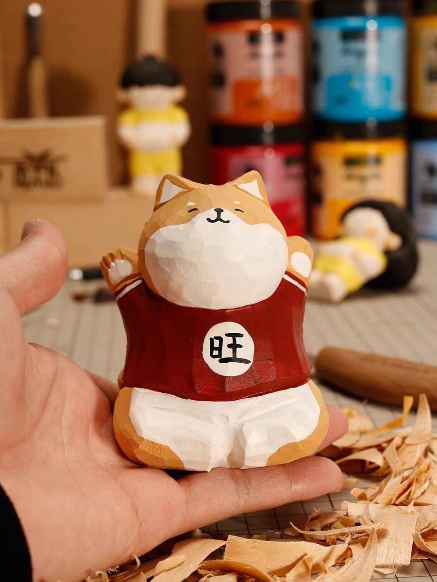 Hand Carved Shiba Inu Wooden Figurine, Lucky Dog Desk Decor, Cute Shiba Statue, Wood Puppy Ornament, Gift for Dog Lovers, Office Shelf Decor