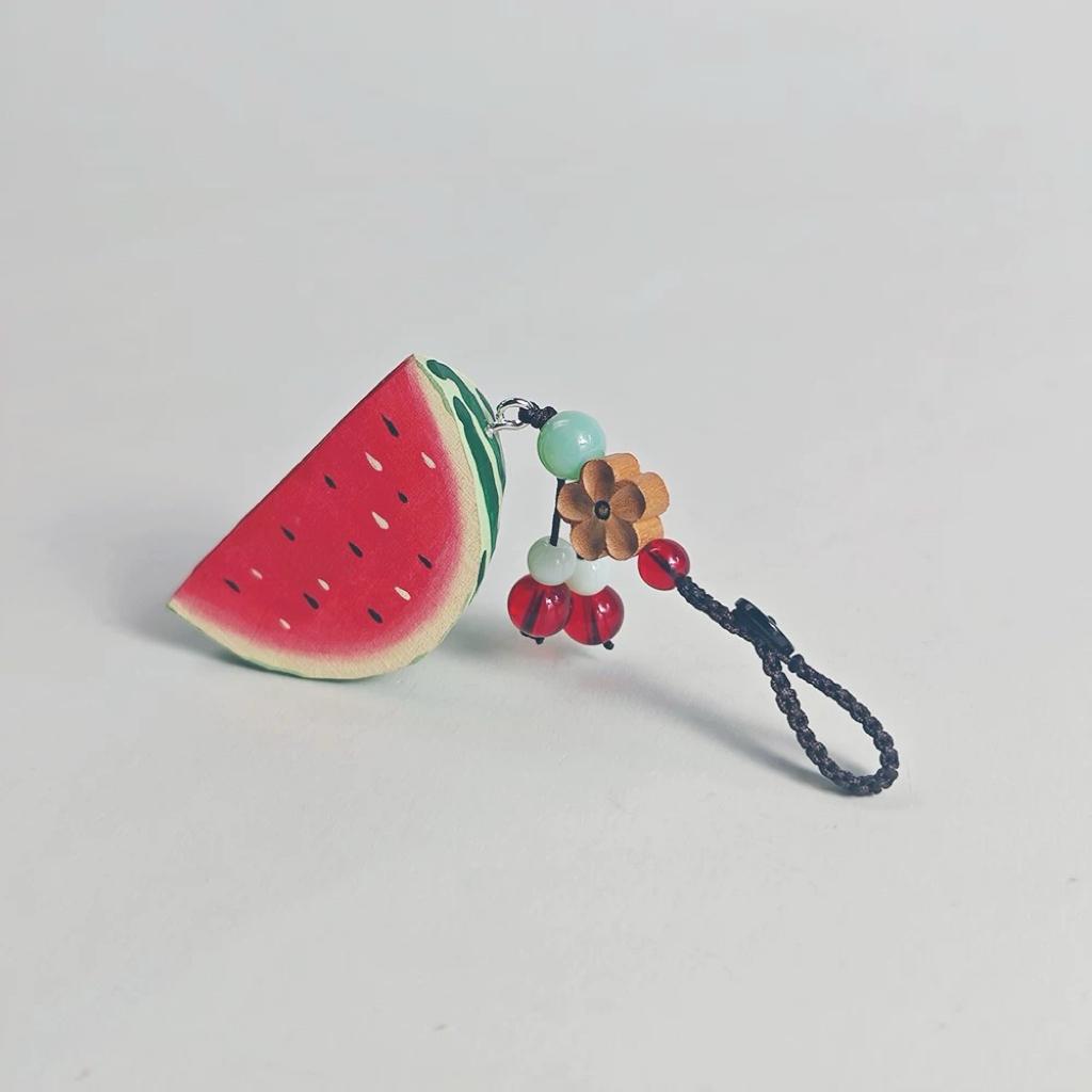 Hand Carved Wooden Watermelon Keychain, Cute Fruit Bag Charm, Summer Watermelon Keyring, Mini Wood Fruit Pendant, Handmade Gift for Her