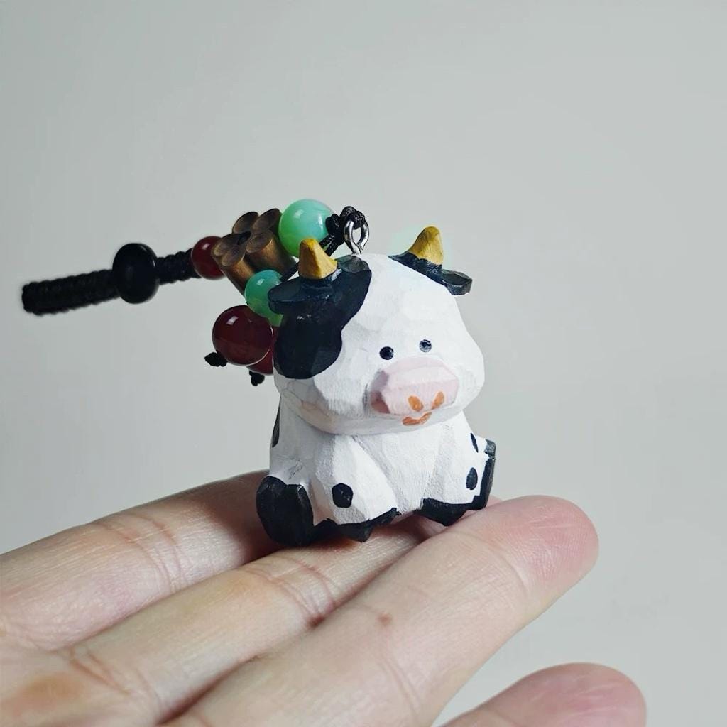 Hand Carved Wooden Cow Keychain, Cute Cow Bag Charm, Mini Farm Animal Keyring, Wooden Cow Pendant, Handmade Gift for Animal Lovers