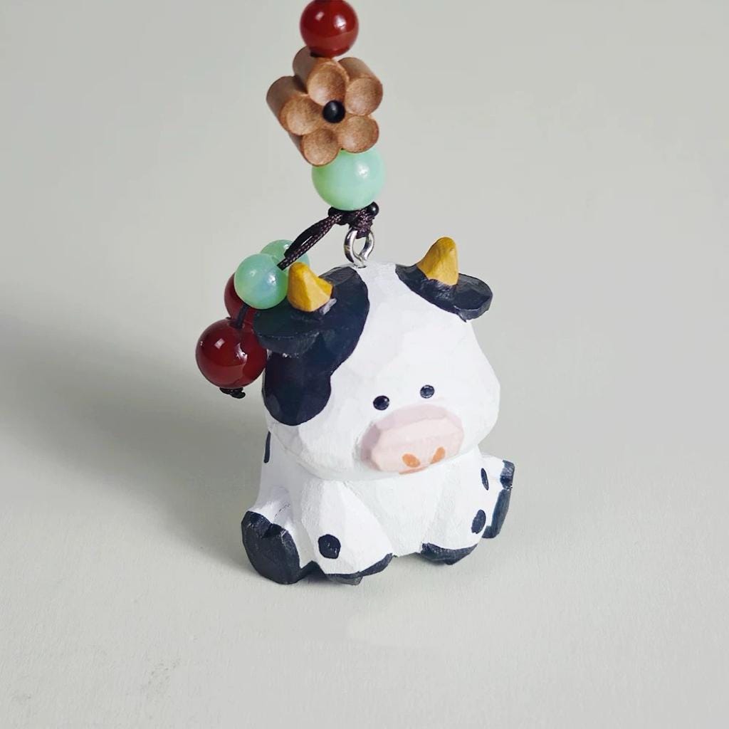 Hand Carved Wooden Cow Keychain, Cute Cow Bag Charm, Mini Farm Animal Keyring, Wooden Cow Pendant, Handmade Gift for Animal Lovers