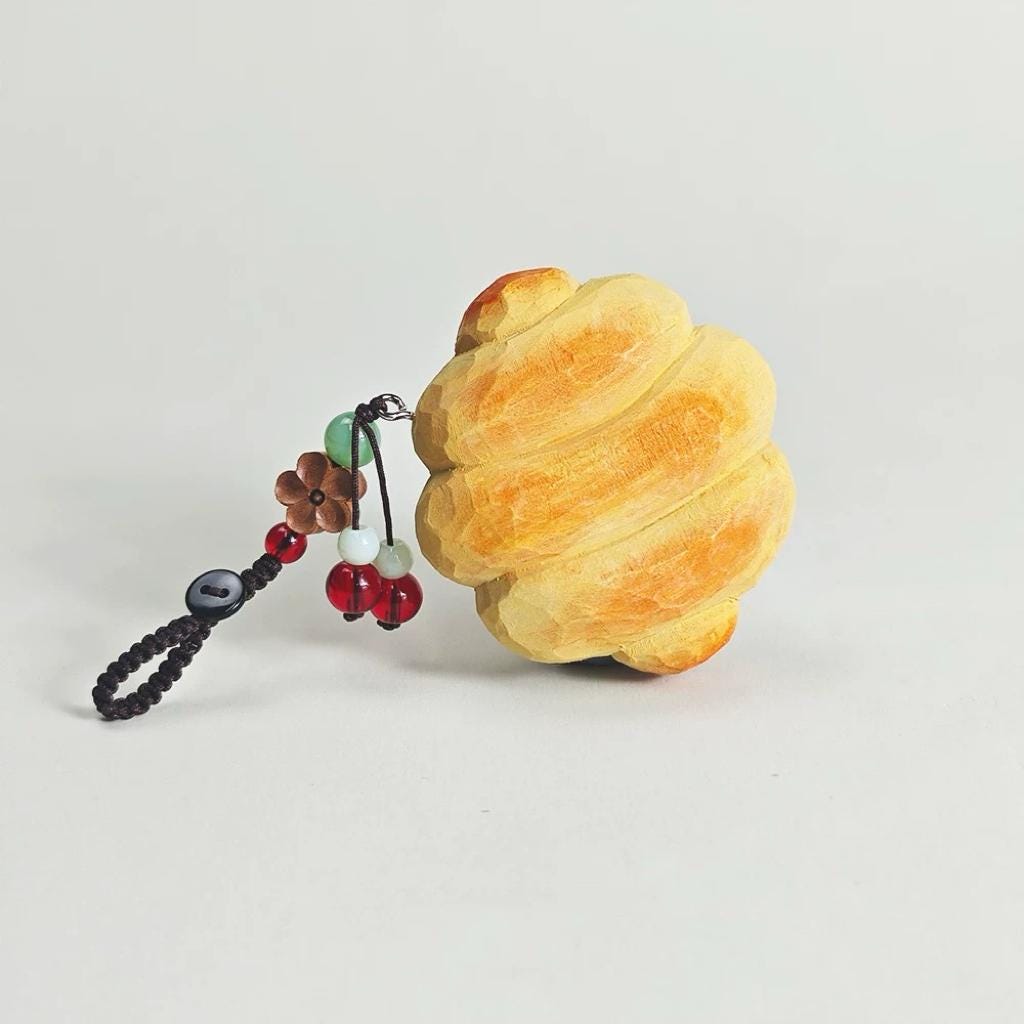Hand Carved Bread Keychain, Wooden Croissant Charm Cute Food Keyring, Handmade Bag Charm, Car Key Holder Gift for Food Lovers