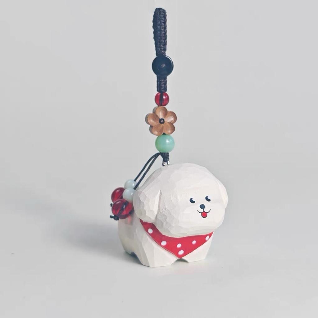 Hand Carved White Dog Keychain, Wooden Puppy Charm, Cute Dog Keyring, Handmade Bag Charm, Car Key Holder, Gift for Dog Lovers