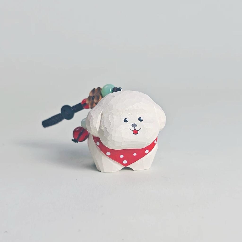 Hand Carved White Dog Keychain, Wooden Puppy Charm, Cute Dog Keyring, Handmade Bag Charm, Car Key Holder, Gift for Dog Lovers