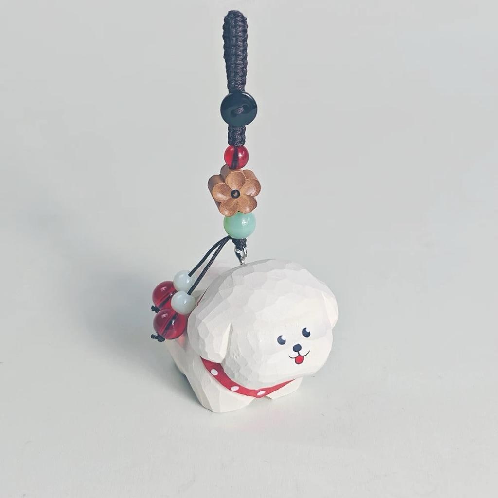 Hand Carved White Dog Keychain, Wooden Puppy Charm, Cute Dog Keyring, Handmade Bag Charm, Car Key Holder, Gift for Dog Lovers