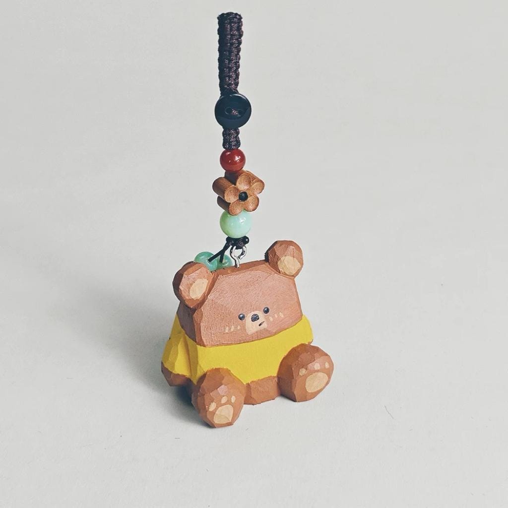 Hand Carved Wooden Bear Keychain, Cute Bear Bag Charm, Ornament, Wooden Animal Key Ring, Backpack Accessory, Handmade Gift for Animal Lovers
