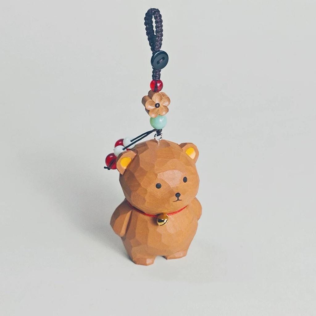 Hand Carved Wooden Bear Keychain, Unique Animal Charm, Miniature Wood Bear Pendant, Cute Backpack Charm, Car Key Accessory, Gift for Friends