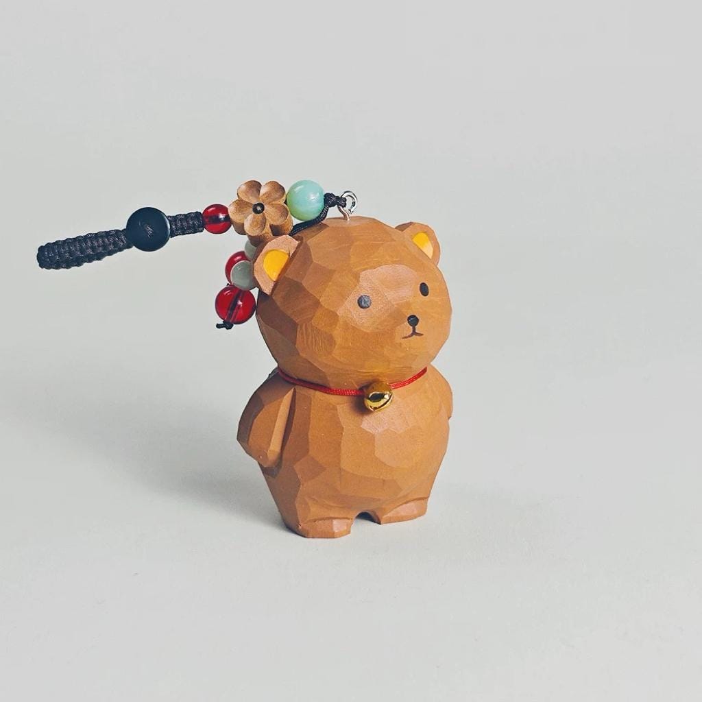 Hand Carved Wooden Bear Keychain, Unique Animal Charm, Miniature Wood Bear Pendant, Cute Backpack Charm, Car Key Accessory, Gift for Friends