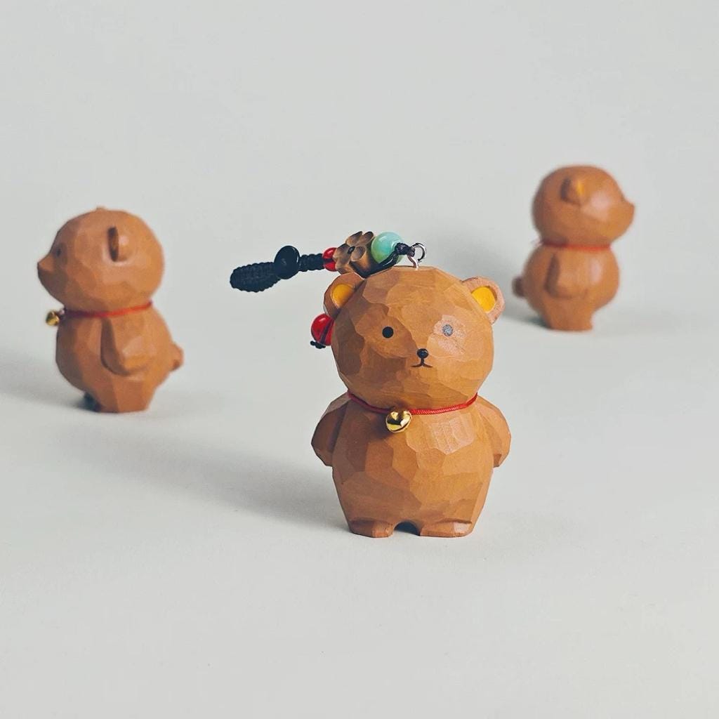 Hand Carved Wooden Bear Keychain, Unique Animal Charm, Miniature Wood Bear Pendant, Cute Backpack Charm, Car Key Accessory, Gift for Friends