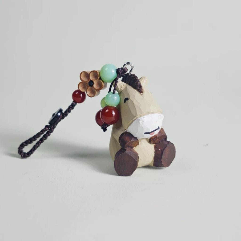 Hand Carved Wooden Horse Keychain, Handmade Animal Charm, Miniature Wood Horse Pendant, Japanese Bag Charm, Car Key Accessory, Gift for Her
