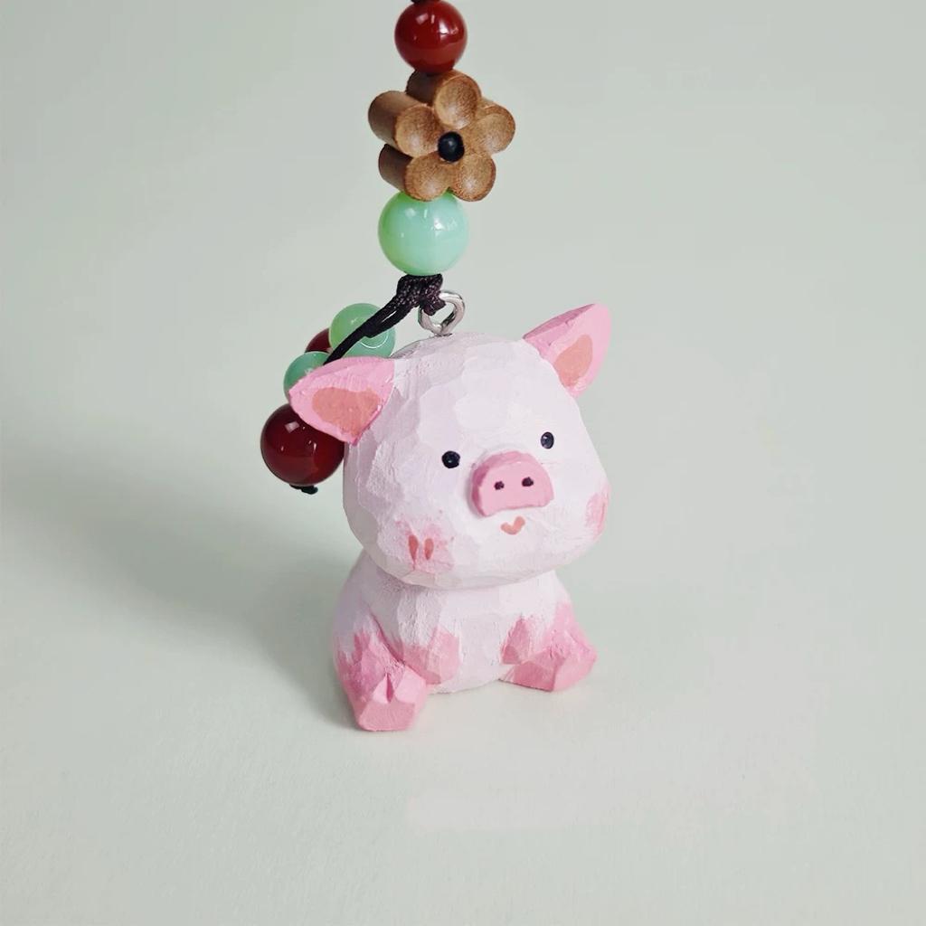 Handmade Wooden Pig Keychain, Japanese Style Miniature Lucky Charm, Cute Pig Pendant, Handcrafted Wood Bag Charm, Animal Keyring, Lucky Gift