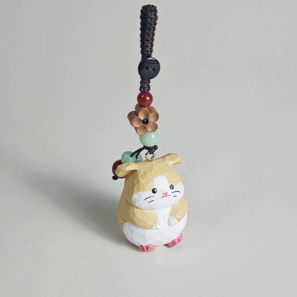 Handmade Wooden Hamster Keychain, Japanese Style Miniature Lucky Hamster Charm, Cute Animal Wood Pendant, Handcrafted Bag Charm, Lucky Gift