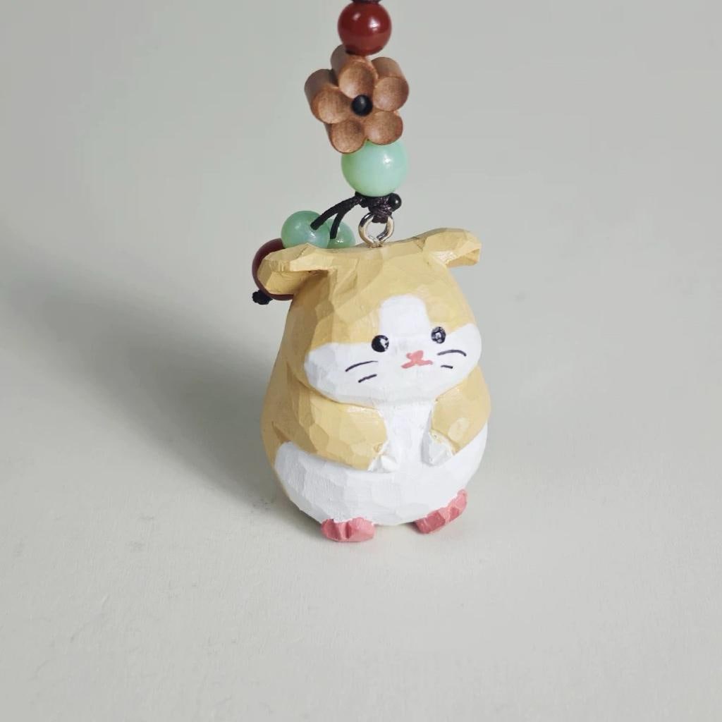 Handmade Wooden Hamster Keychain, Japanese Style Miniature Lucky Hamster Charm, Cute Animal Wood Pendant, Handcrafted Bag Charm, Lucky Gift