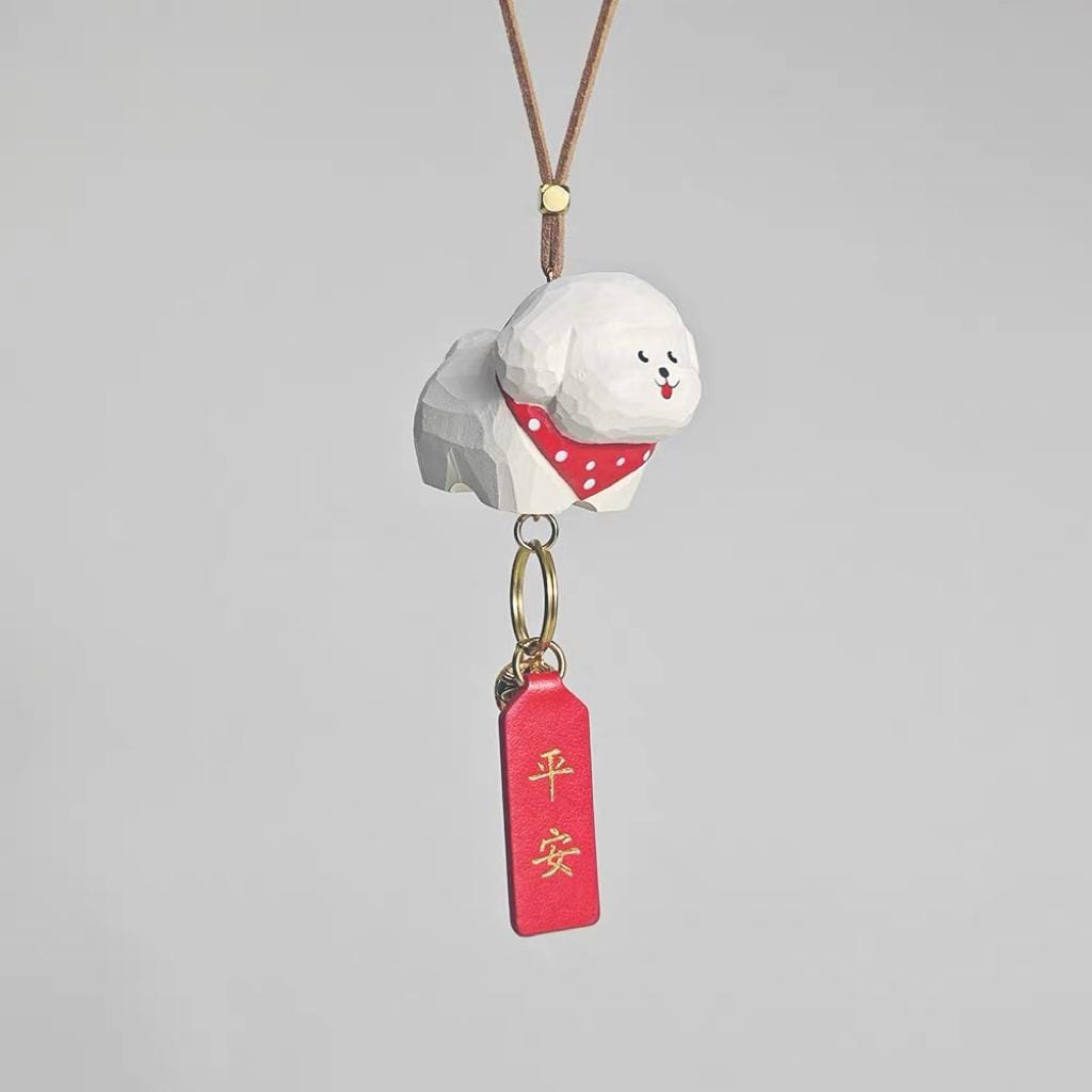 Handmade Wooden Lucky Dog Car Charm, Japanese Style Miniature Handcrafted Puppy Ornament, Cute Rearview Mirror Decor, Lucky Gift, Pendant