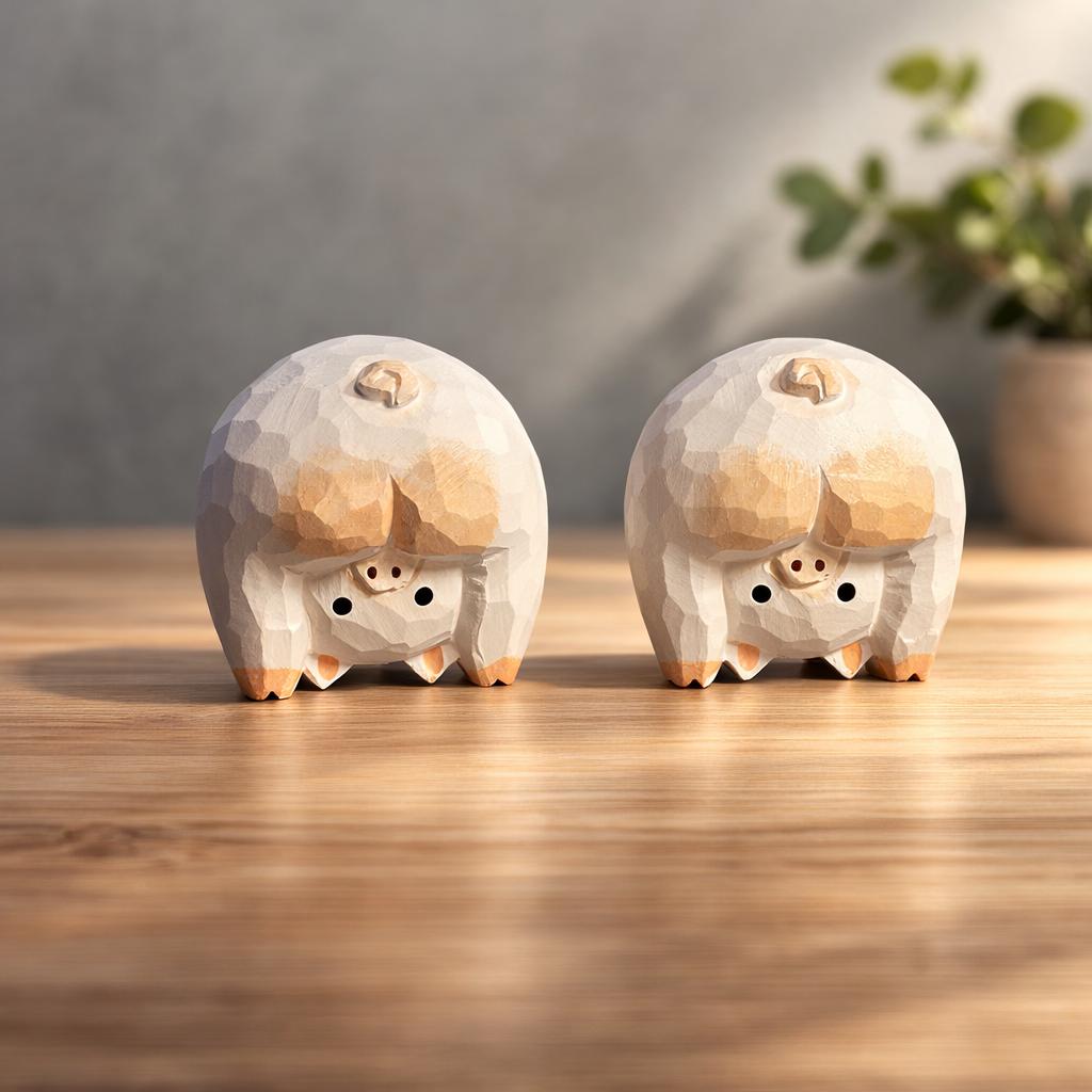 Handmade Lucky Pig Wood Carving, Japanese Style Funny Pig Figurine, Cute Mini Wooden Pig Statue Ornament, Small Animal Desk Decor Gift