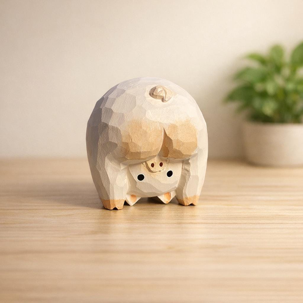 Handmade Lucky Pig Wood Carving, Japanese Style Funny Pig Figurine, Cute Mini Wooden Pig Statue Ornament, Small Animal Desk Decor Gift