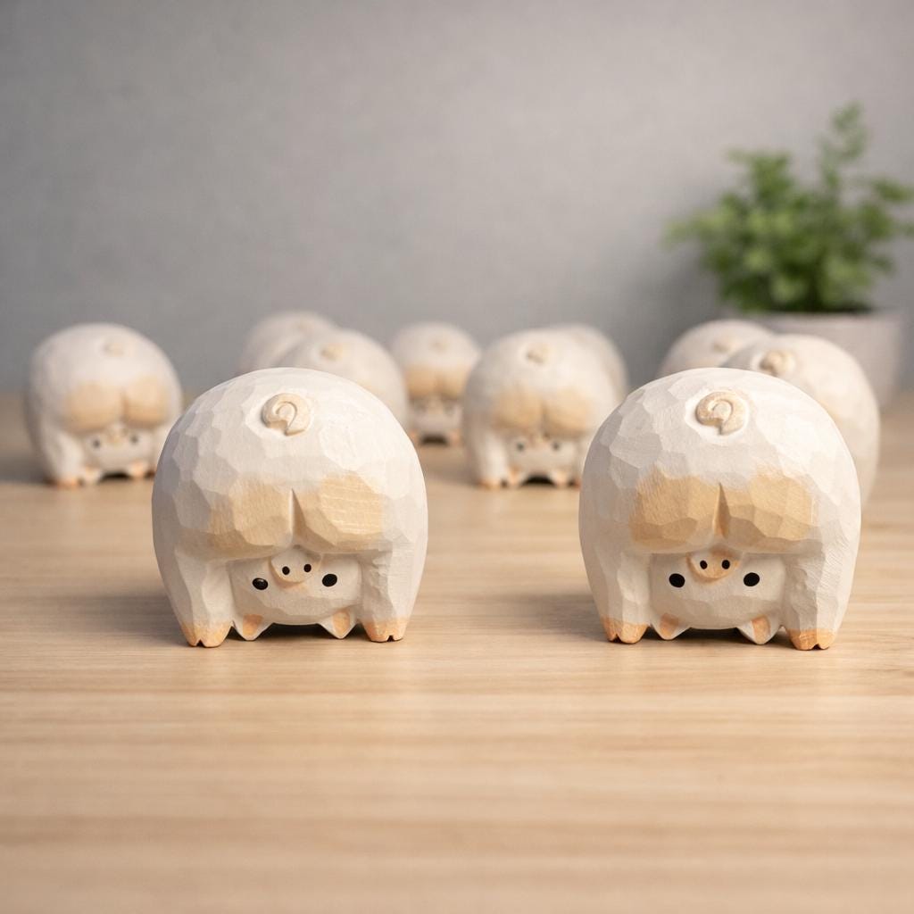 Handmade Lucky Pig Wood Carving, Japanese Style Funny Pig Figurine, Cute Mini Wooden Pig Statue Ornament, Small Animal Desk Decor Gift