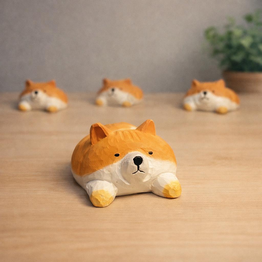 Handmade Lucky Corgi Wood Carving, Japanese Style Cute Dog Figurine, Mini Wooden Puppy Statue, Small Desk & Home Decor Gift