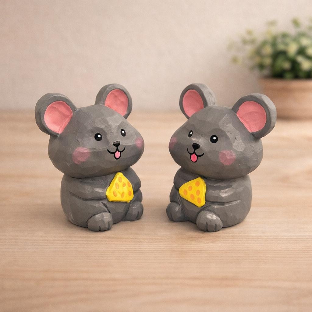 Lucky Mouse Wooden Figurine, Japanese Style Handcrafted Decor, Cute Mouse Holding Cheese, Handmade Desk Decor, Shelf Ornament, Animal Gift
