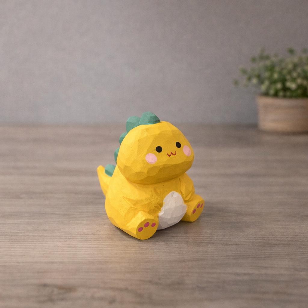Lucky Dinosaur Wooden Figurine, Japanese Style Handcrafted Wood Carving, Cute Yellow Dino Desk Decor, Handmade Shelf Ornament, Wood Gift