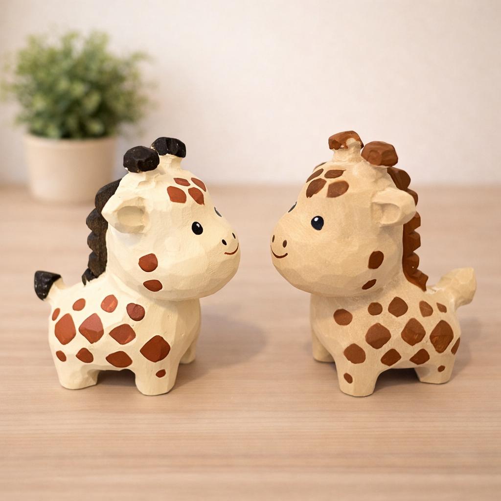 Japanese Style Miniature Giraffe Wooden Figurine, Hand Carved Basswood Animal Decor, Cute Desk Ornament, Shelf Decor, Gift for Friends