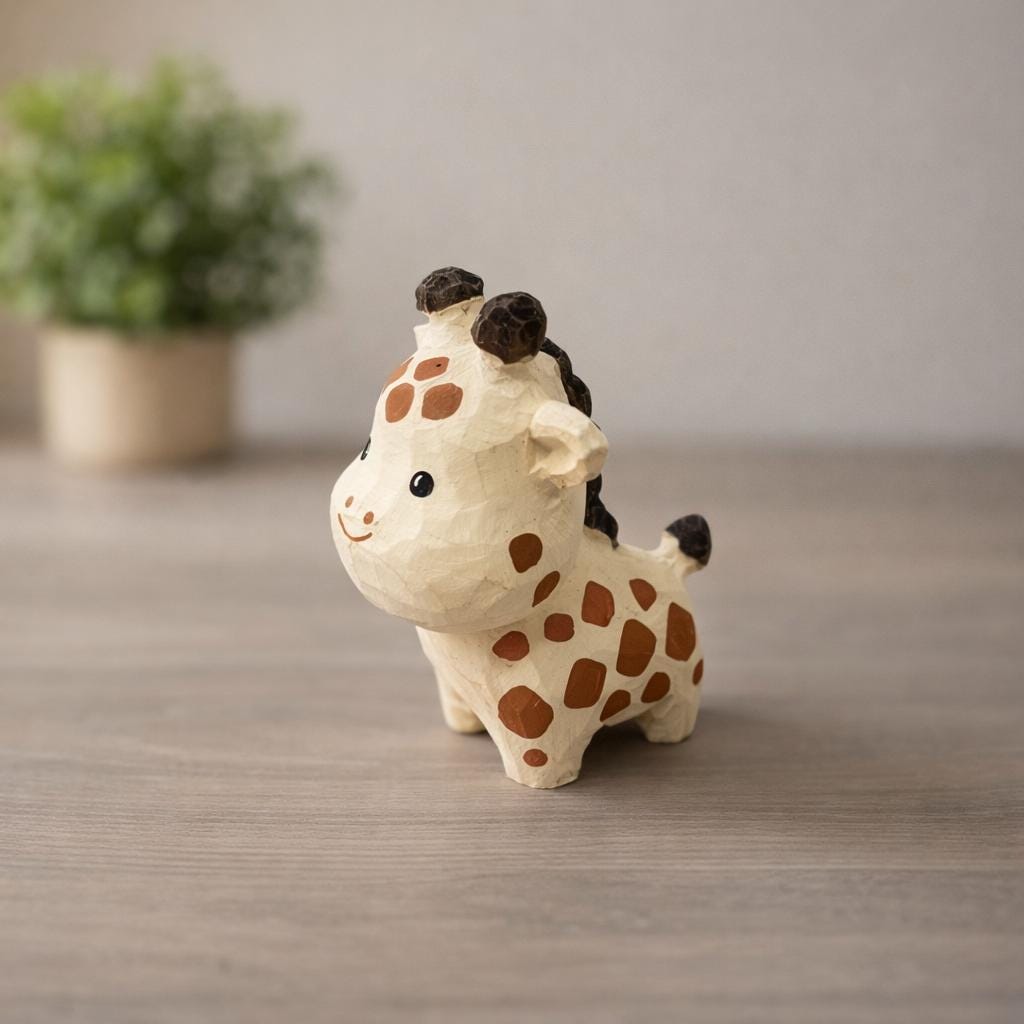 Japanese Style Miniature Giraffe Wooden Figurine, Hand Carved Basswood Animal Decor, Cute Desk Ornament, Shelf Decor, Gift for Friends