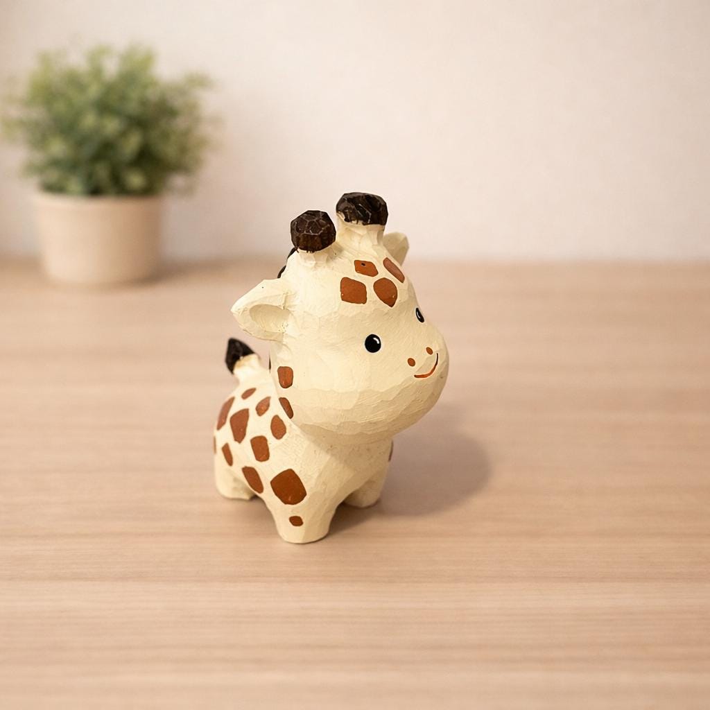 Japanese Style Miniature Giraffe Wooden Figurine, Hand Carved Basswood Animal Decor, Cute Desk Ornament, Shelf Decor, Gift for Friends
