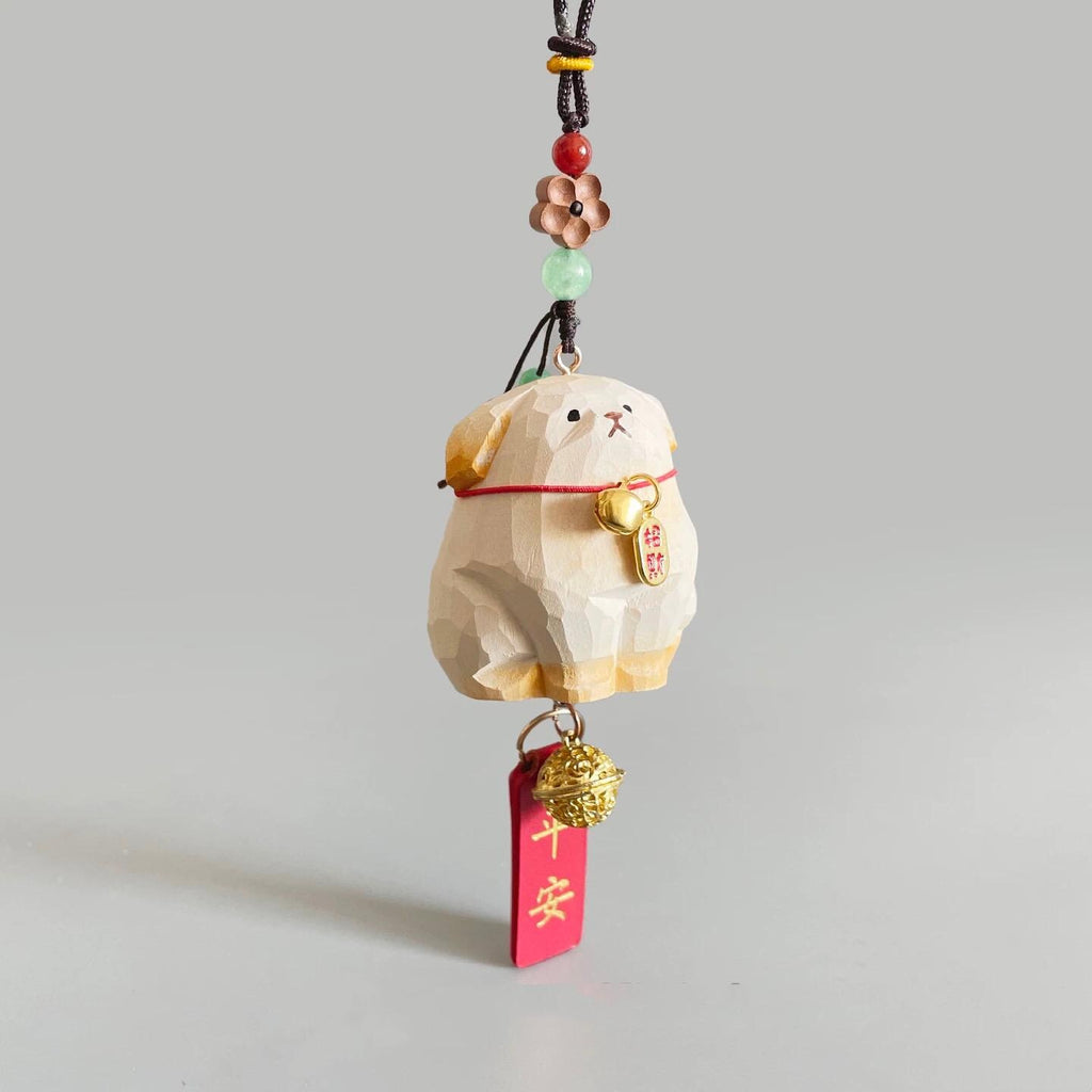 Japanese Style Miniature Wooden Dog Charm, Hand Carved Basswood Puppy Hanging Decor, Lucky Rearview Mirror Decor, Bag Charm & Keychain, Gift