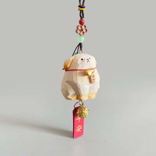 Japanese Style Miniature Wooden Dog Charm, Hand Carved Basswood Puppy Hanging Decor, Lucky Rearview Mirror Decor, Bag Charm & Keychain, Gift