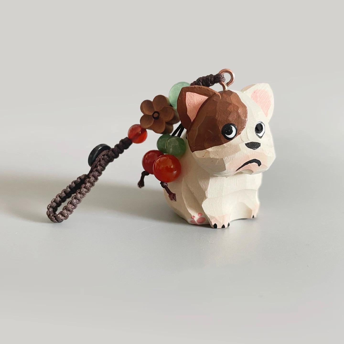 Japanese Style Miniature Wooden French Bulldog Keychain, Hand Carved Basswood Puppy Charm with Natural Crystal Beads, Cute Bag Charm Gift