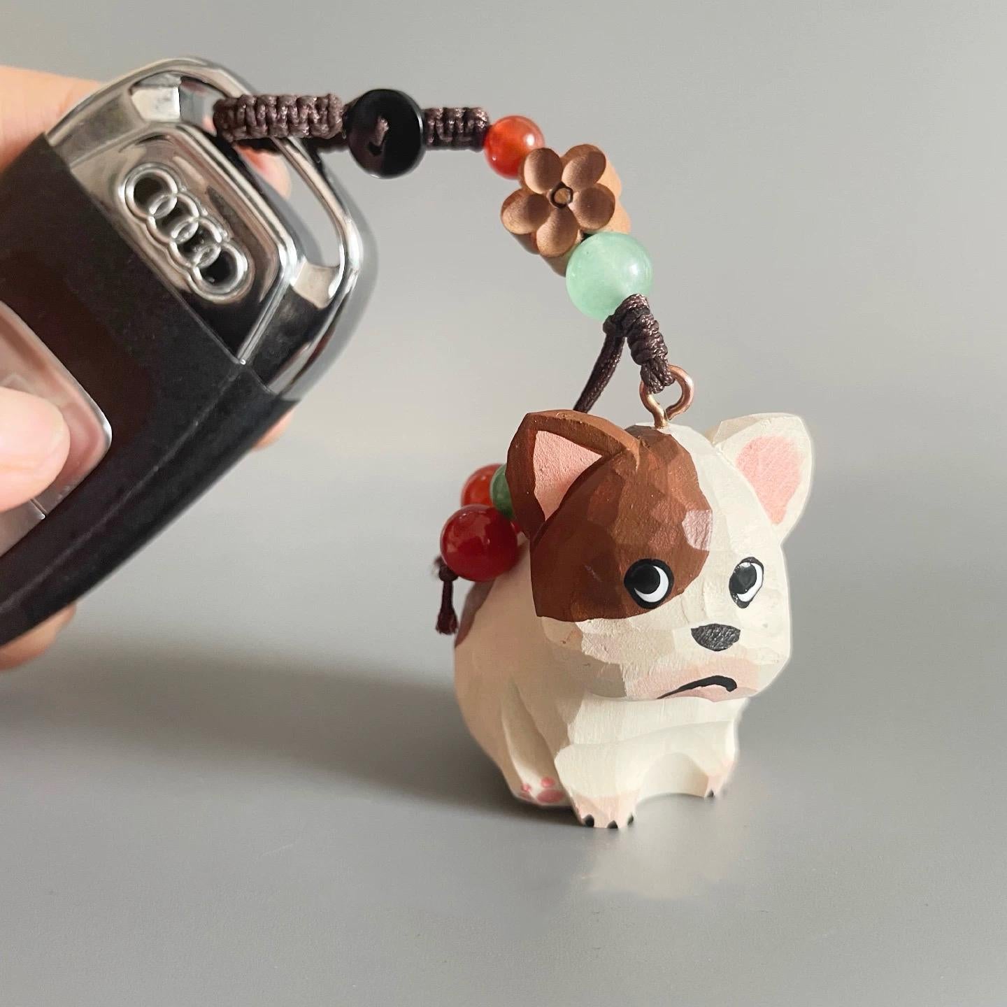 Japanese Style Miniature Wooden French Bulldog Keychain, Hand Carved Basswood Puppy Charm with Natural Crystal Beads, Cute Bag Charm Gift