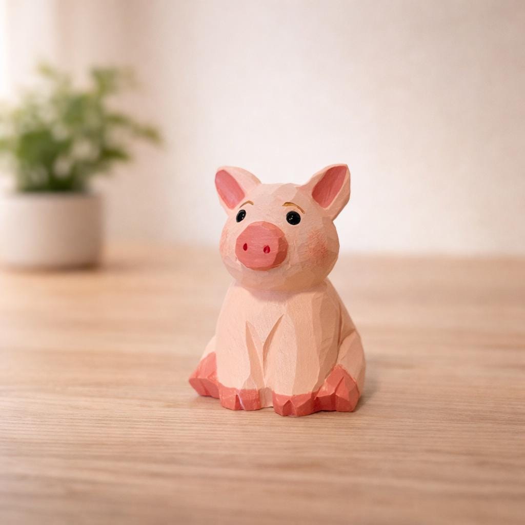 Japanese Style Miniature Wooden Pig Figurine, Hand Carved Basswood Zodiac Pig Sculpture, Cute Desk Decor Animal Statue, Home Ornament, Gift