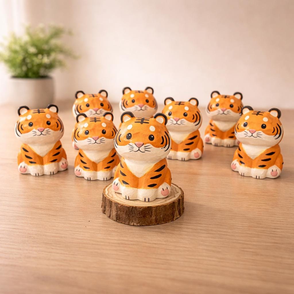 Japanese Style Miniature Wooden Tiger Figurine, Hand Carved Basswood Zodiac Tiger Sculpture, Cute Animal Desk Decor, Home Ornament, Gift