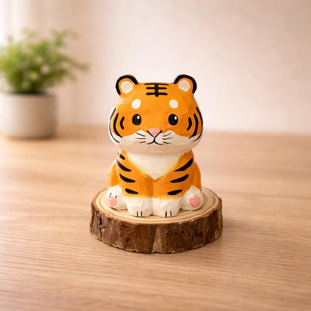 Japanese Style Miniature Wooden Tiger Figurine, Hand Carved Basswood Zodiac Tiger Sculpture, Cute Animal Desk Decor, Home Ornament, Gift
