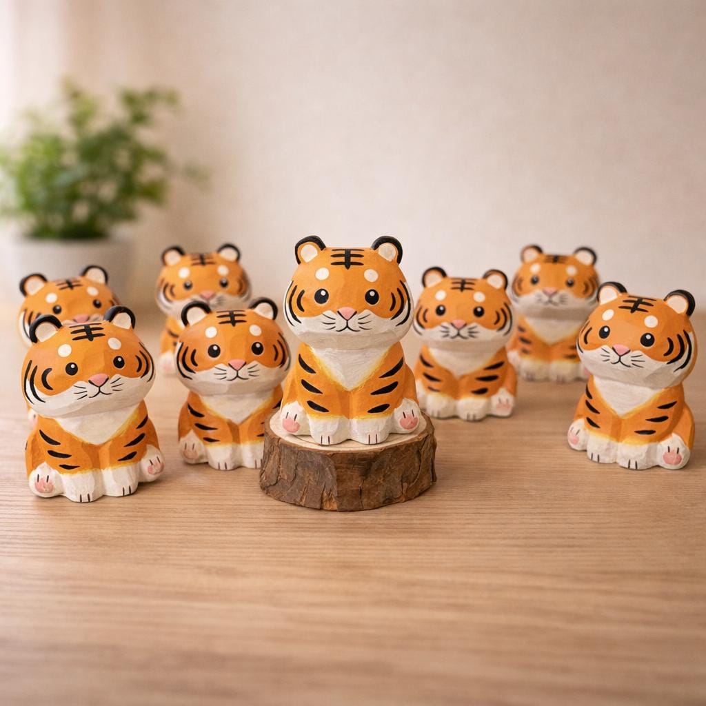 Japanese Style Miniature Wooden Tiger Figurine, Hand Carved Basswood Zodiac Tiger Sculpture, Cute Animal Desk Decor, Home Ornament, Gift