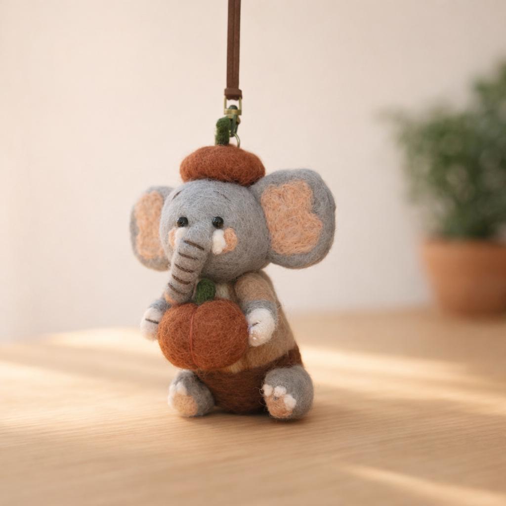 Handmade Felt Elephant Bag Charm, Cute Wool Elephant Keychain, Pumpkin Animal Backpack Charm, Soft Fall Ornament, Gift for Her