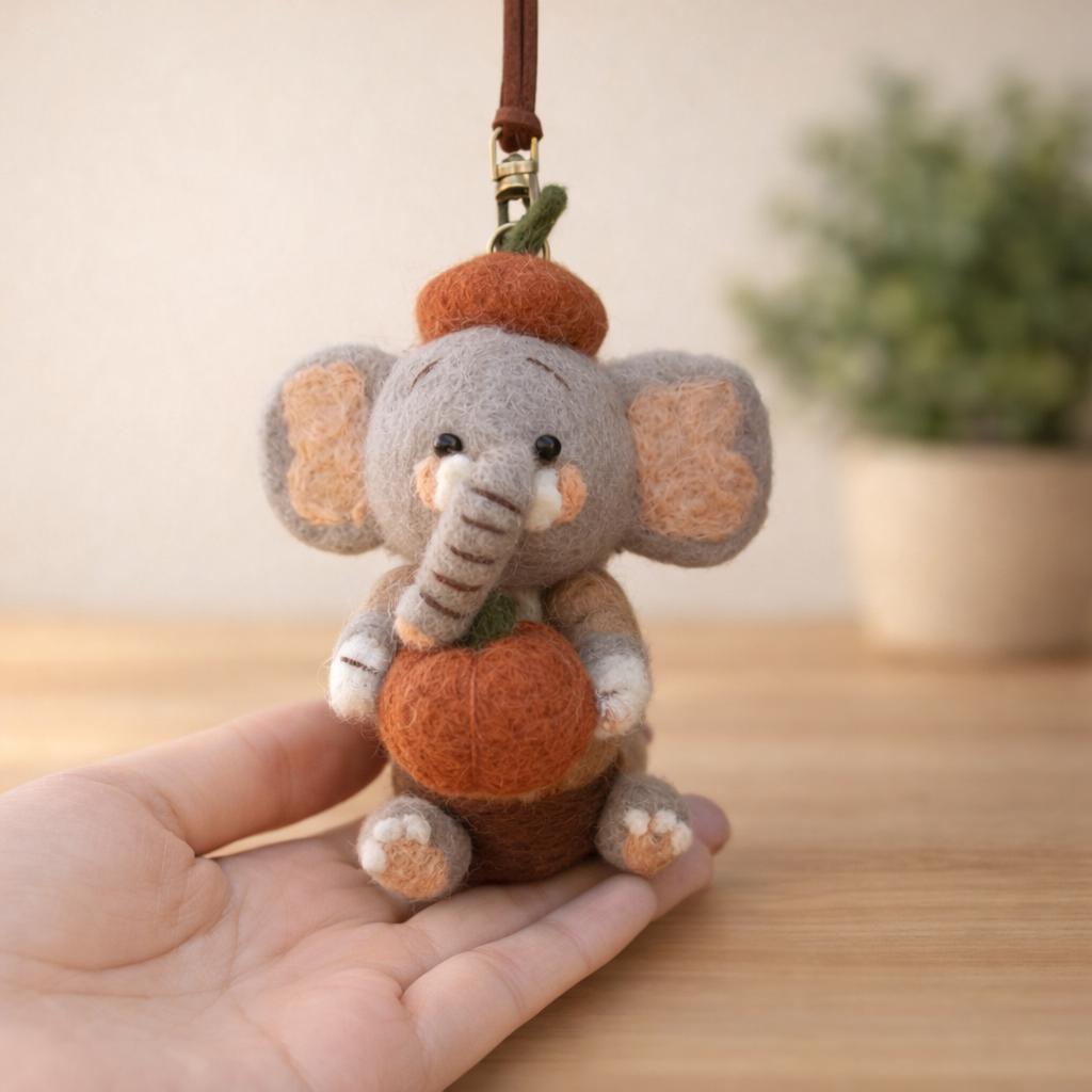 Handmade Felt Elephant Bag Charm, Cute Wool Elephant Keychain, Pumpkin Animal Backpack Charm, Soft Fall Ornament, Gift for Her