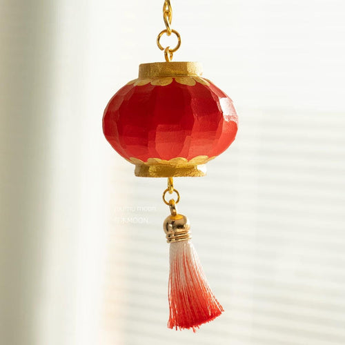 Handmade Red Wooden Lantern Keychain, Hand Carved Basswood Tassel Charm, Chinese New Year Lucky Bag Pendant Gift