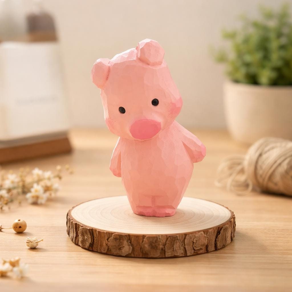 Hand Carved Japanese Style Wooden Pig Figurine, Cute Pink Basswood Animal Sculpture, Home & Office Desk Decor, Gift for Friends