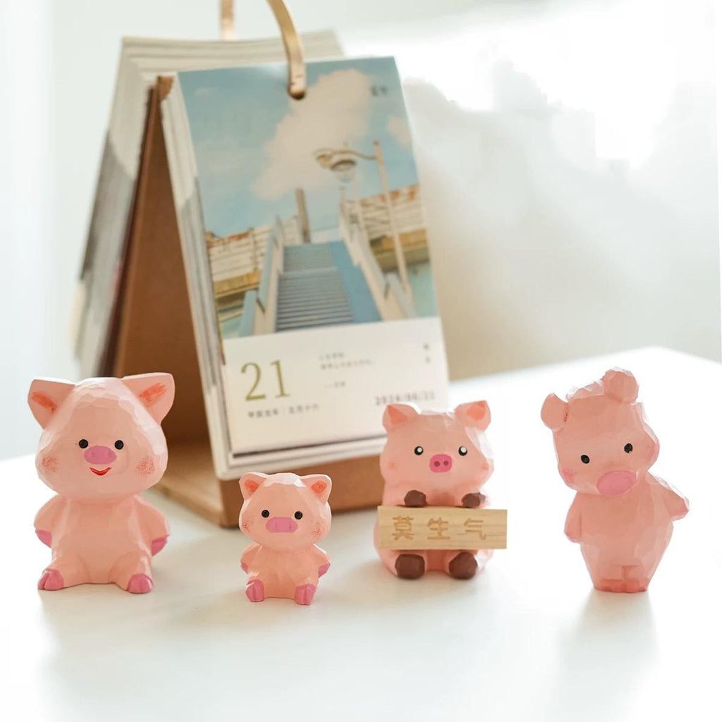 Hand Carved Japanese Style Wooden Pig Figurine, Cute Pink Basswood Animal Sculpture, Home & Office Desk Decor, Gift for Friends