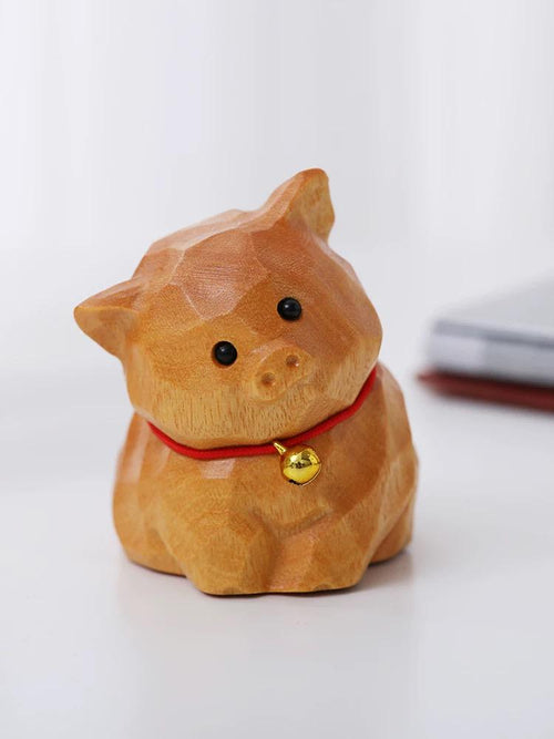 Hand Carved Wooden Pig Figurine, Cute Basswood Animal Sculpture with Bell, Desk Decor Gift