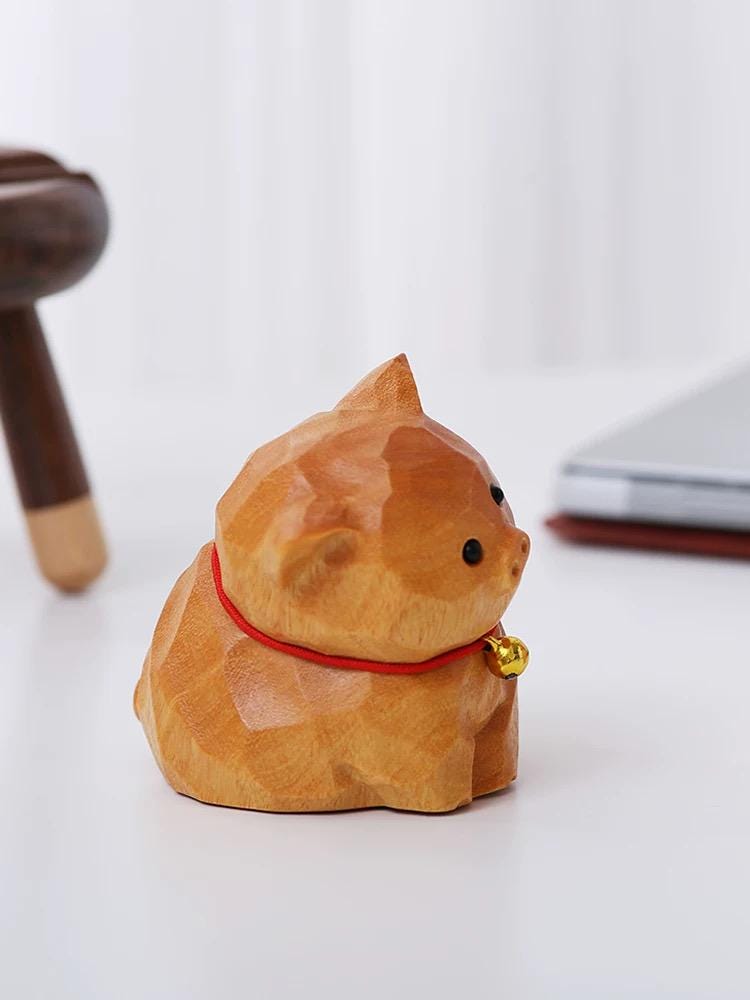 Hand Carved Wooden Pig Figurine, Cute Basswood Animal Sculpture with Bell, Desk Decor Gift