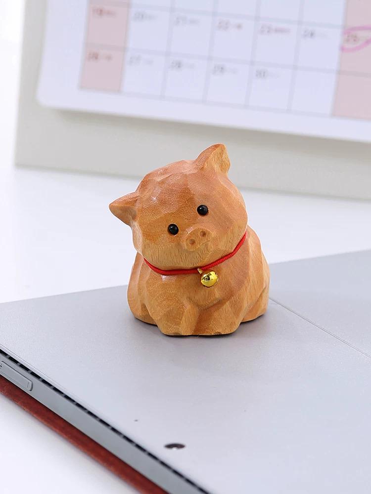 Hand Carved Wooden Pig Figurine, Cute Basswood Animal Sculpture with Bell, Desk Decor Gift