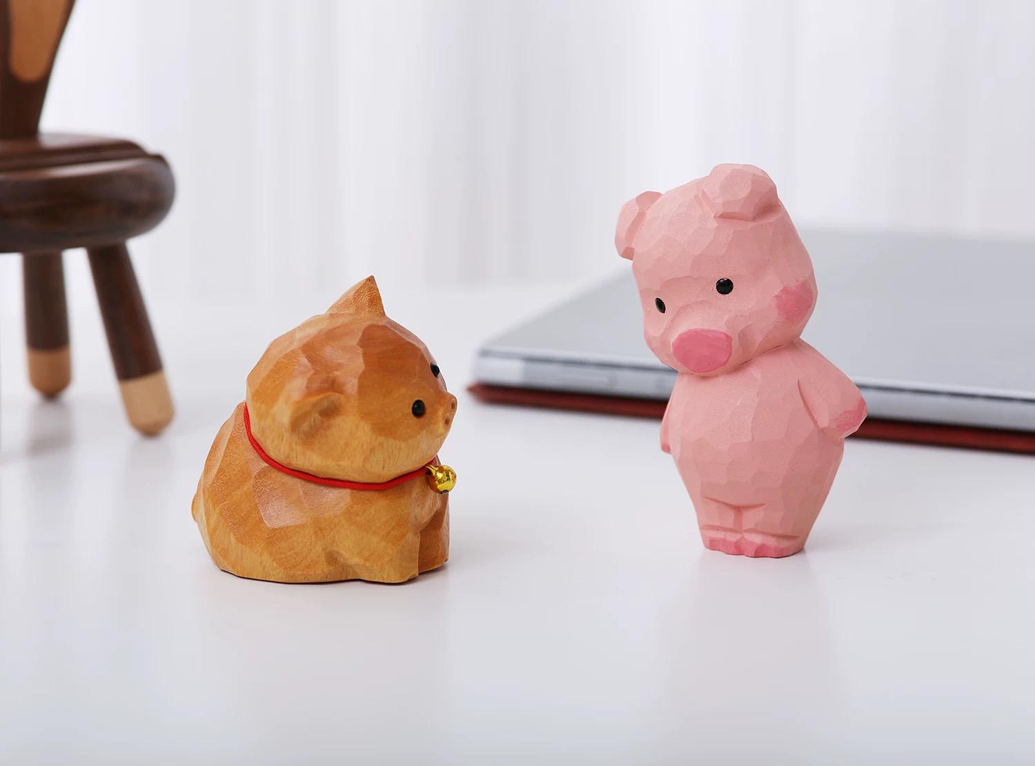 Hand Carved Wooden Pig Figurine, Cute Basswood Animal Sculpture with Bell, Desk Decor Gift