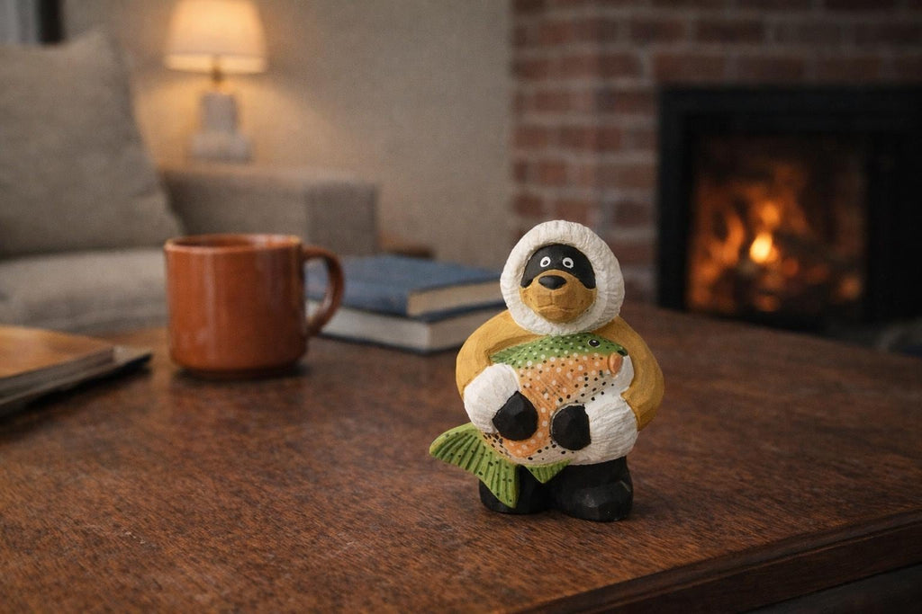Hand Carved Wooden Bear Figurine, Nordic Winter Bear with Fish, Wood Sculpture Desk Decor, Cabin Style Ornament, Gift for Nature Lovers