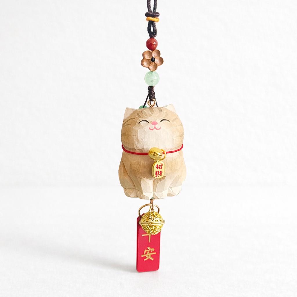 Hand Carved Lucky Cat Charm Wooden Hanging Ornament, Cute Fortune Cat Rearview Mirror Charm, Car Back Charm, Bag Charm, New Year Gift