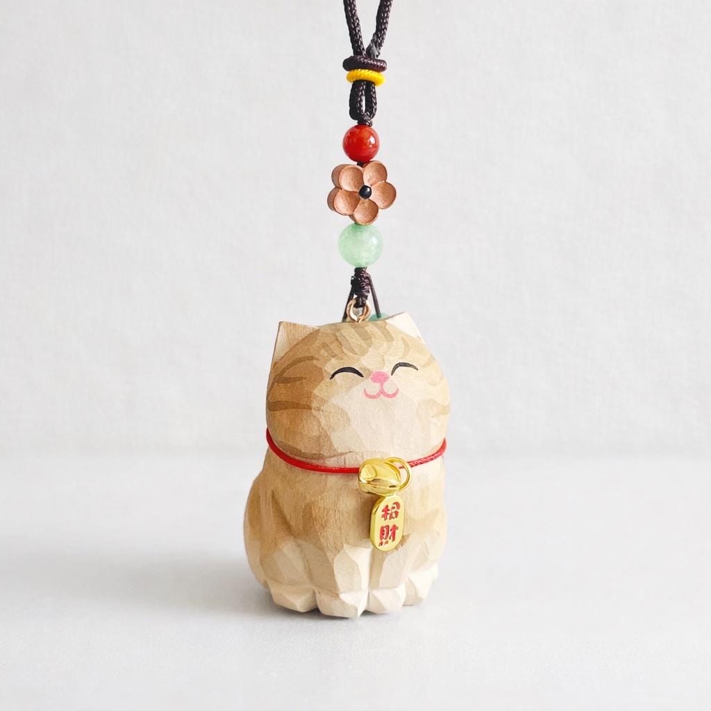 Hand Carved Lucky Cat Charm Wooden Hanging Ornament, Cute Fortune Cat Rearview Mirror Charm, Car Back Charm, Bag Charm, New Year Gift